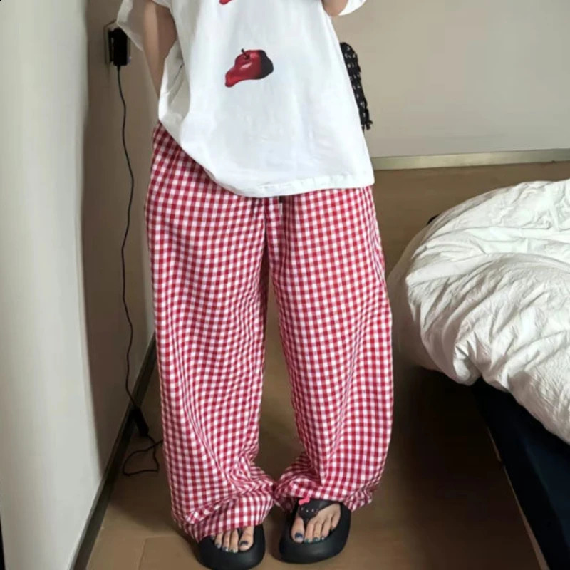 QWEEK Vintage Plaid Y2k Pants Woman Casual Harajuku Oversized Trousers Korean Fashion Wide Leg Summer Japanese 2000s Pockets 240821