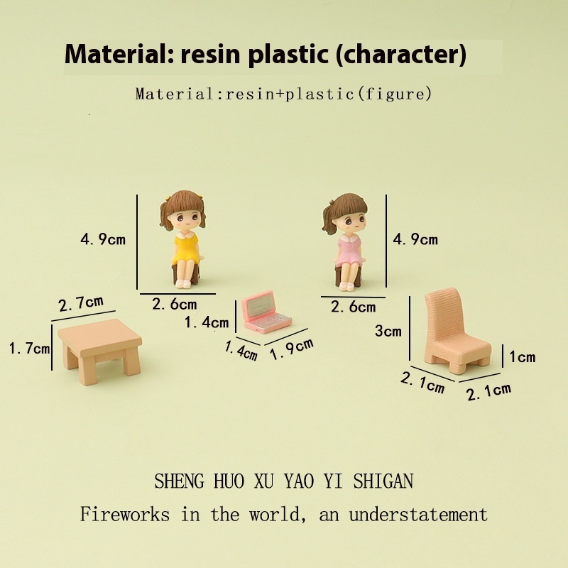 Cartoon Cute Little Girl Mini Computer Desk and Chair Micro Landscape Work Scene Baby House Accessories Home Decoration Ornament