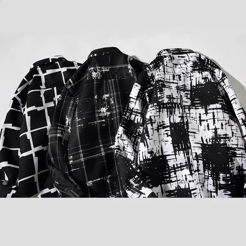 Mens Cotton Linen Color Blocking Long Coat Trendy Button Jackets Turn-down Collar Plaid Jacket Black and White Thin Trench 240822