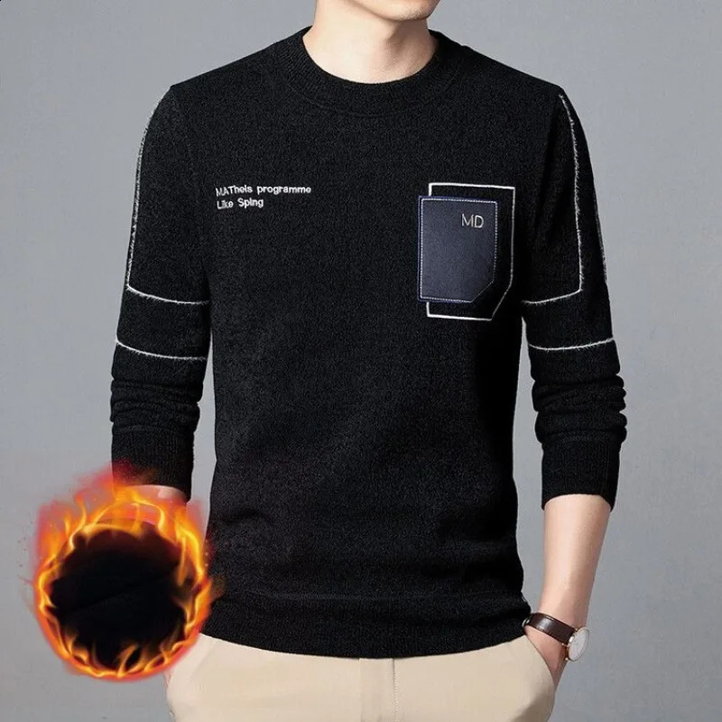 Autumn and winter mens floral round neck solid color letter printing embroidery plush thick sweater knitted bottom top 240821