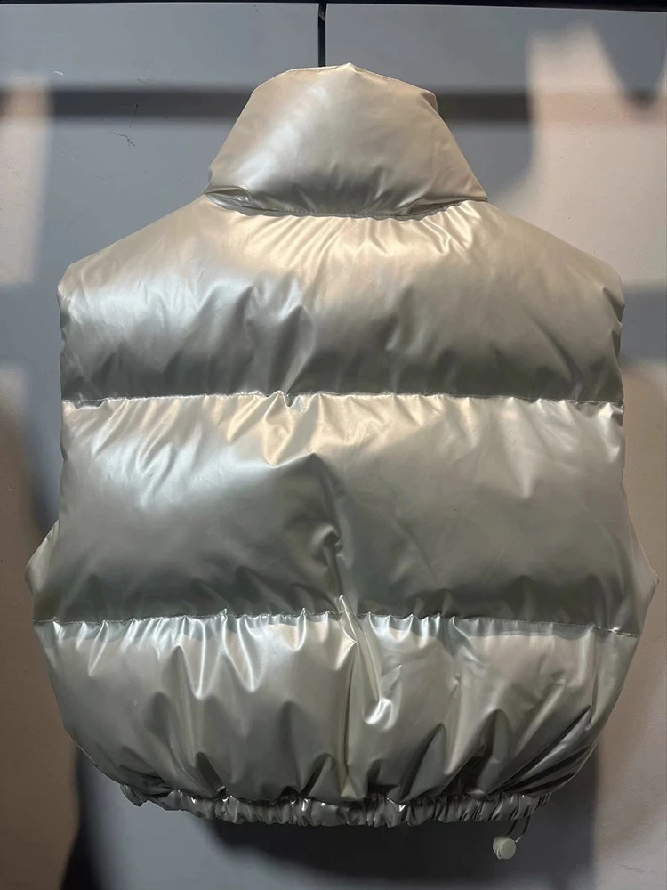 Winter Warm Sliver Glossy Puffer Vest Women Black Stand Collar Bodywarmer Vest Women Fashion Zipper Elegant Short Vests Female 240822