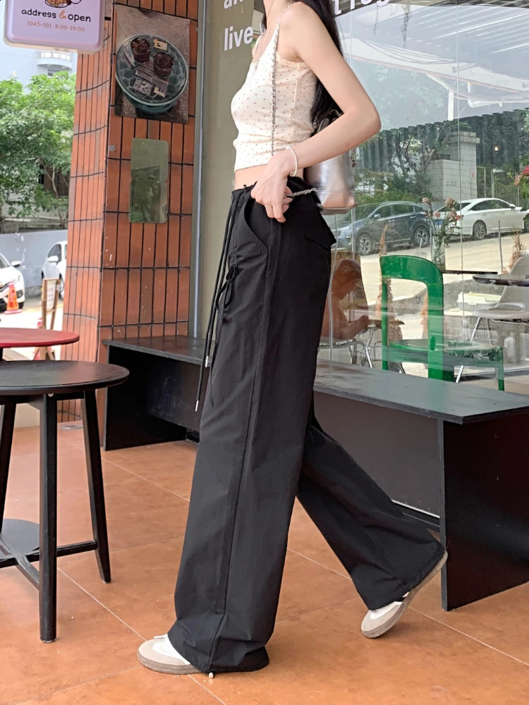 ADAgirl Irregular Drawstring Cargo Parachute Pants Women Y2k Baggy Wide Leg Jogger Korean Fashion Casual Loose Straight Trousers 240821