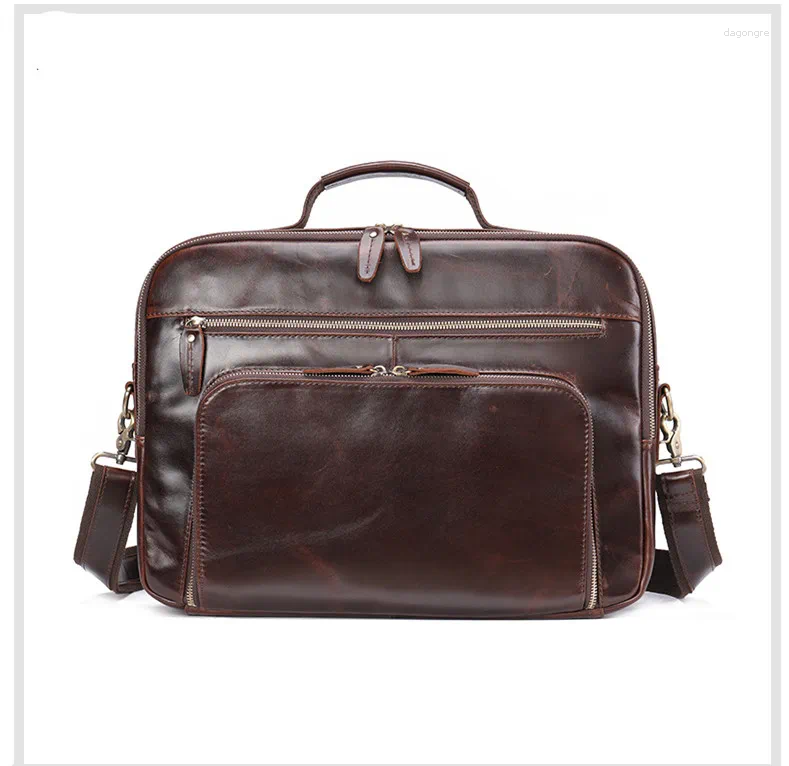 3 Briefcases Retro Crazy Horse Leather Men's Bags Briefcase Genuine Messenger Bag Large Capacity 15.6-Inch Laptop