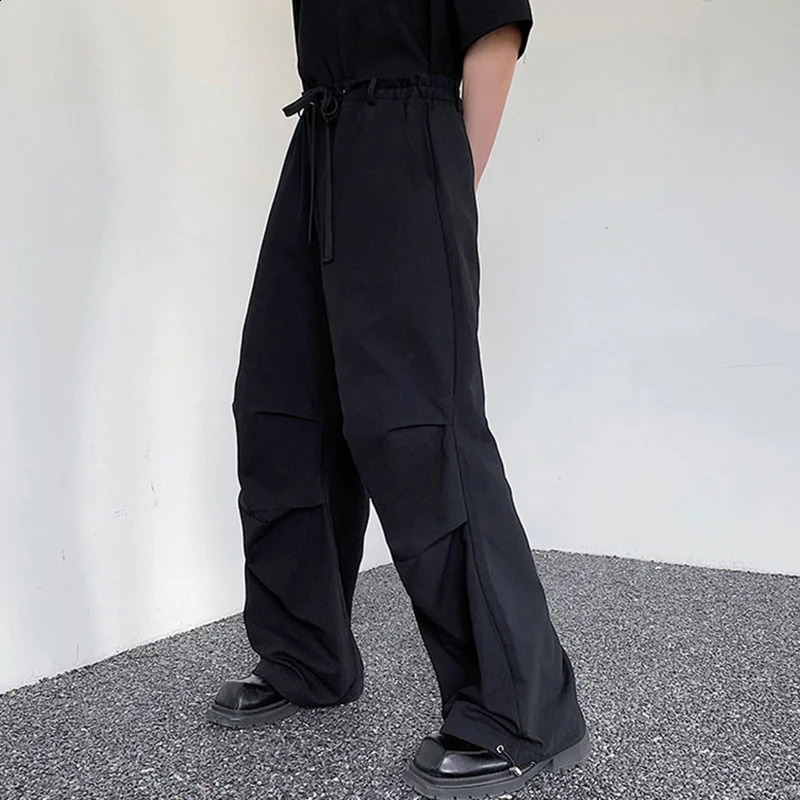 IEFB Pleated Mens Cargo Straight Pant Casual Drawstring n Solid Color Male Wide Leg Trousers Vintage Spring Chic 9C116 240822