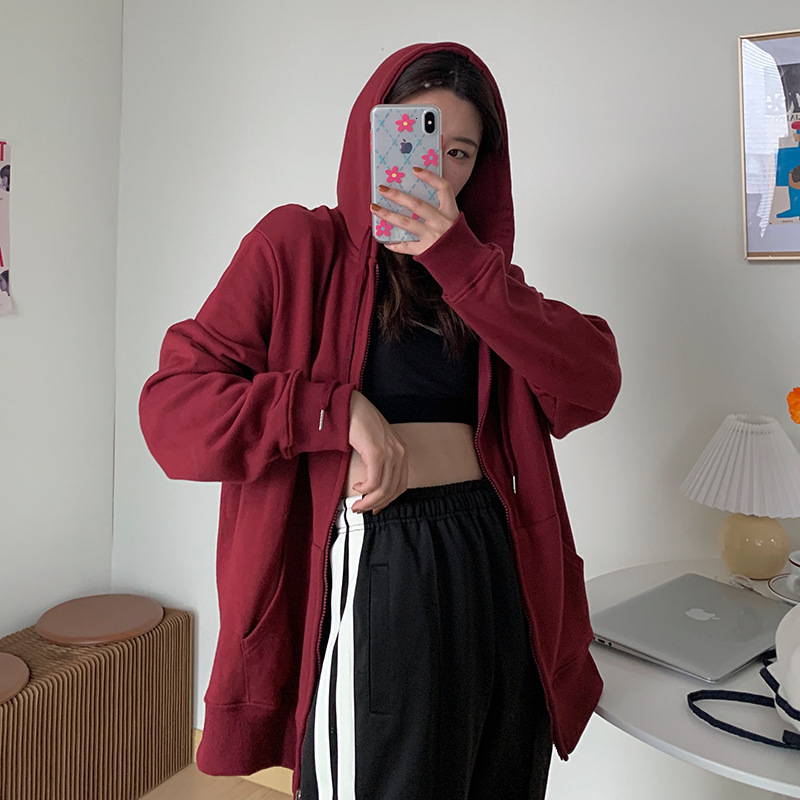 Solid color simple BF style loose mid length hooded sweatshirt cardigan jacket for women spring and autumn season long sleeved top trend dongdumaoyi