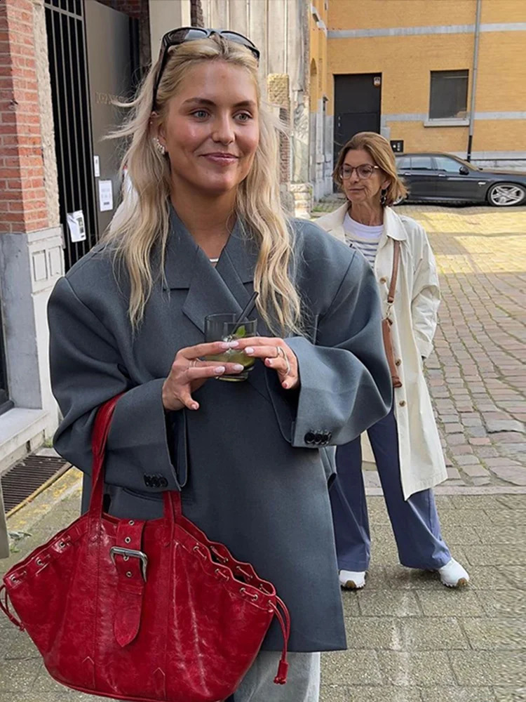 Casual suit jacket womens oversized double button slotted side seam autumn office shoulder pad top 240822