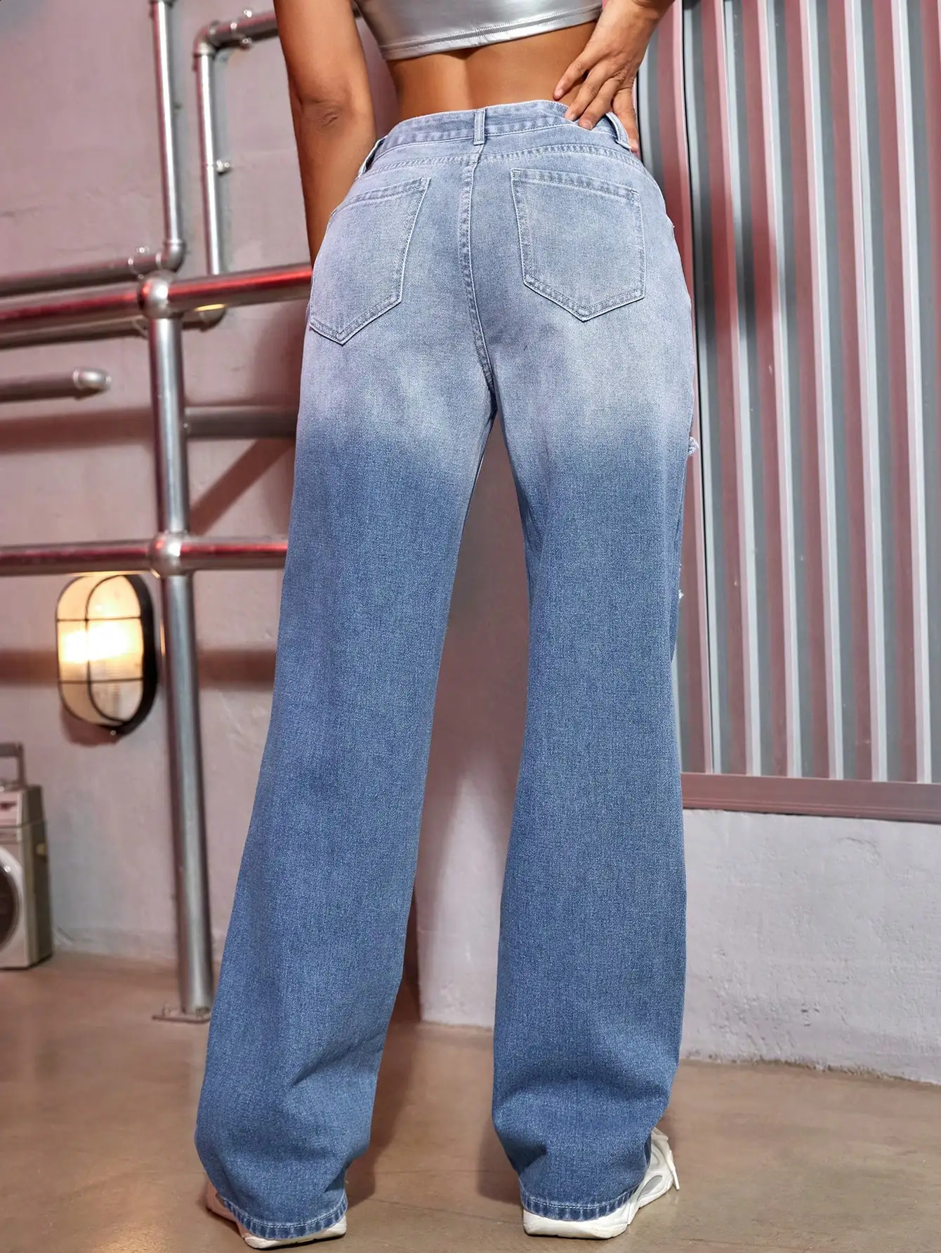 Y2K Women Ripped Jeans Color Contrast Split Shape Wide Leg Denim Trousers Strtwear Z260313