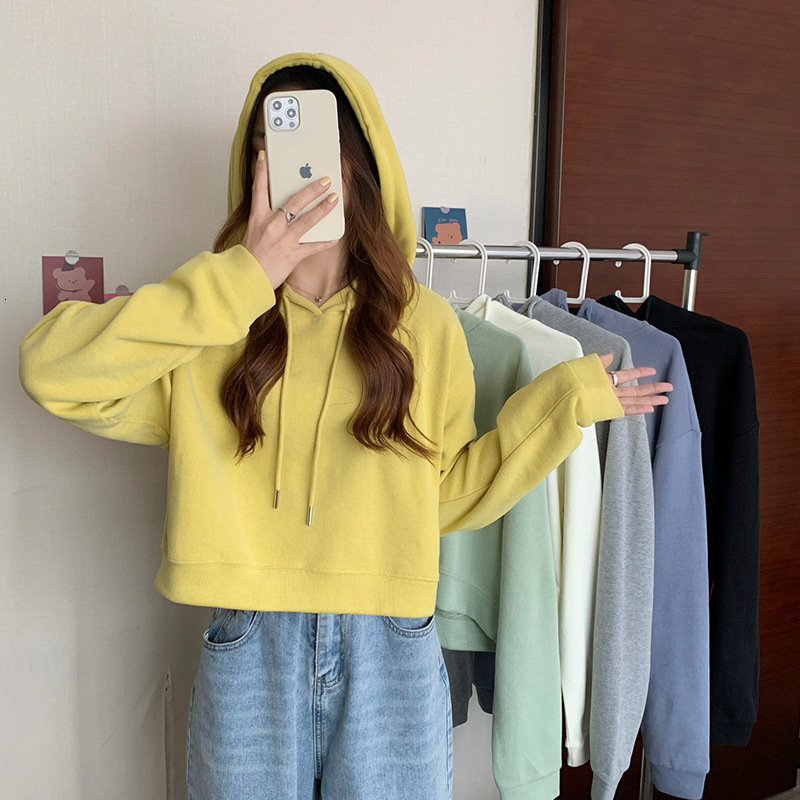 College solid color simple loose slimming short long sleeved sweatshirt for women Spring and Autumn new style pullover hooded top dongdumaoyi