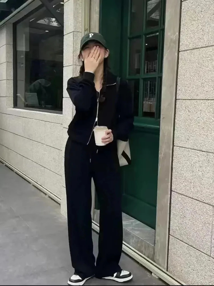 Loose sweatshirts casual korean Women 2 Piece Set zip hooded coats tops Conjunto high waist lace up wide leg sweatpants outfits 240821