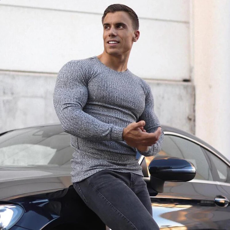 Spring Fashion Mens O-neck Sweaters Black Strips Elasticity Knitted Pullovers Men Solid Sports Sweaters Male Slim Fit Knitwear 240821