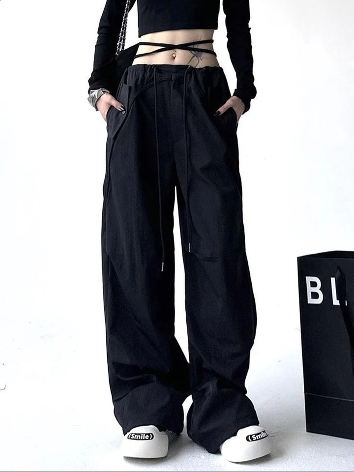Zoki Y2K Harajuku Cargo Pants Women Streetwear High Waist American Retro Trousers Fall Casual Loose Lace Up Bf Wide Leg Pants 240821
