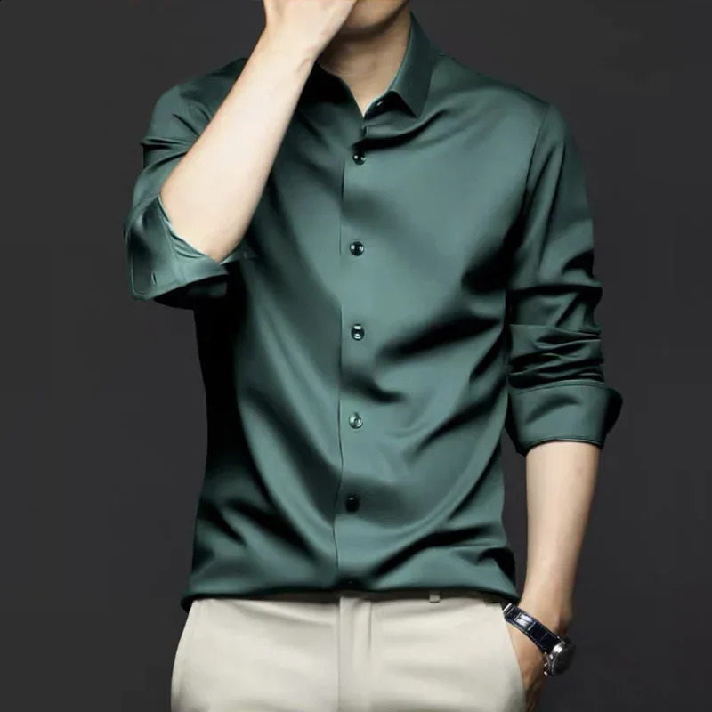 Long sleeved quality shirt for mens spring and autumn business ironless anti wrinkle large green solid color shirt 240822