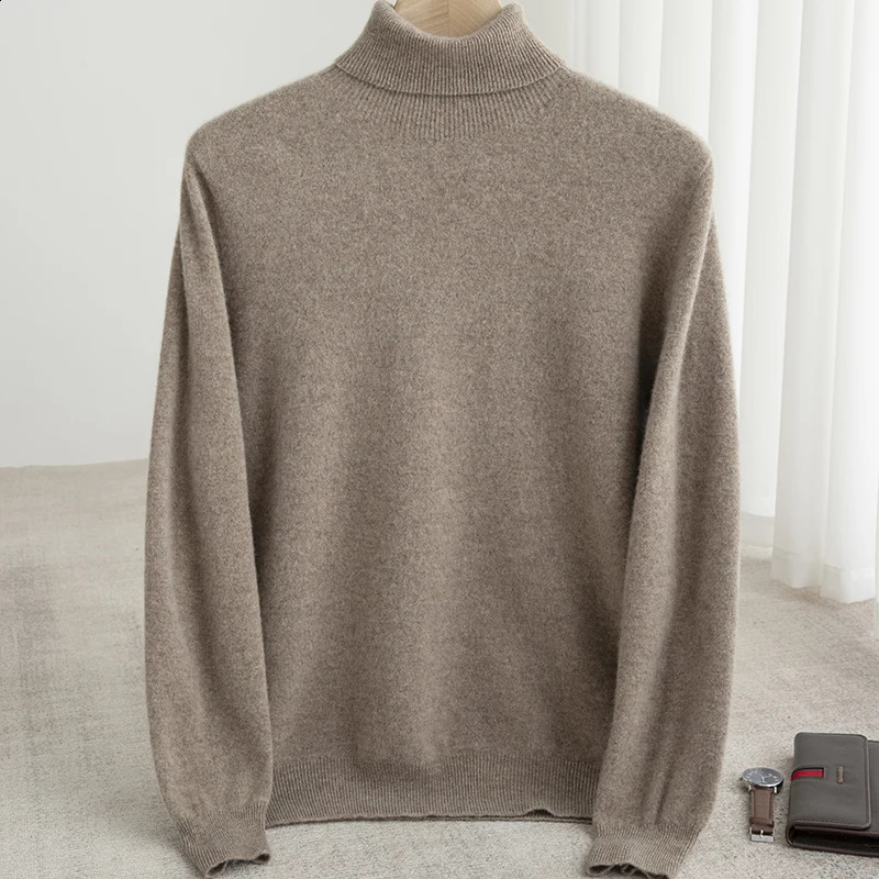 Men 100% Merino Wool Sweater Turtleneck Knitted Pullover Cashmere Warm Solid Color Clothes Business Bottoming Tops Autumn Winter 240821