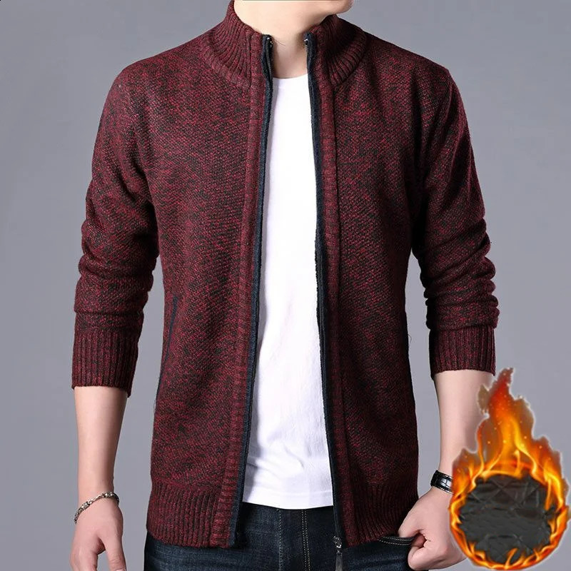 Fashionable mens wool thick autumn and winter sweater zipper plain collar long sleeved casual bottom thin knitted pulled 240821
