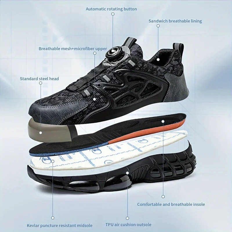 Rotating Button Safety Shoes Men Steel Toe Sneaker Air Cushion Work Shoes Man Puncture Proof Work Safety Boots Protective Shoes 240821