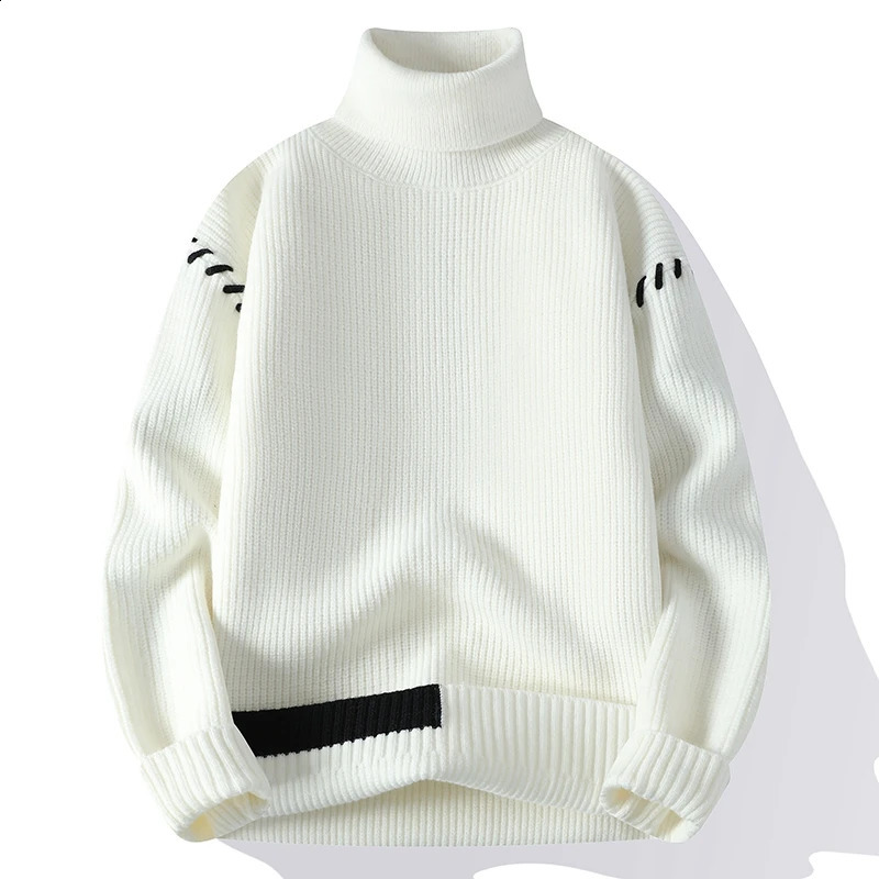 Fashion Youthful Vitality Mens Turtleneck Sweater Autumn Winter Loose Casual Knitted Pullovers Men Warm Patchwork Knitwear 240821