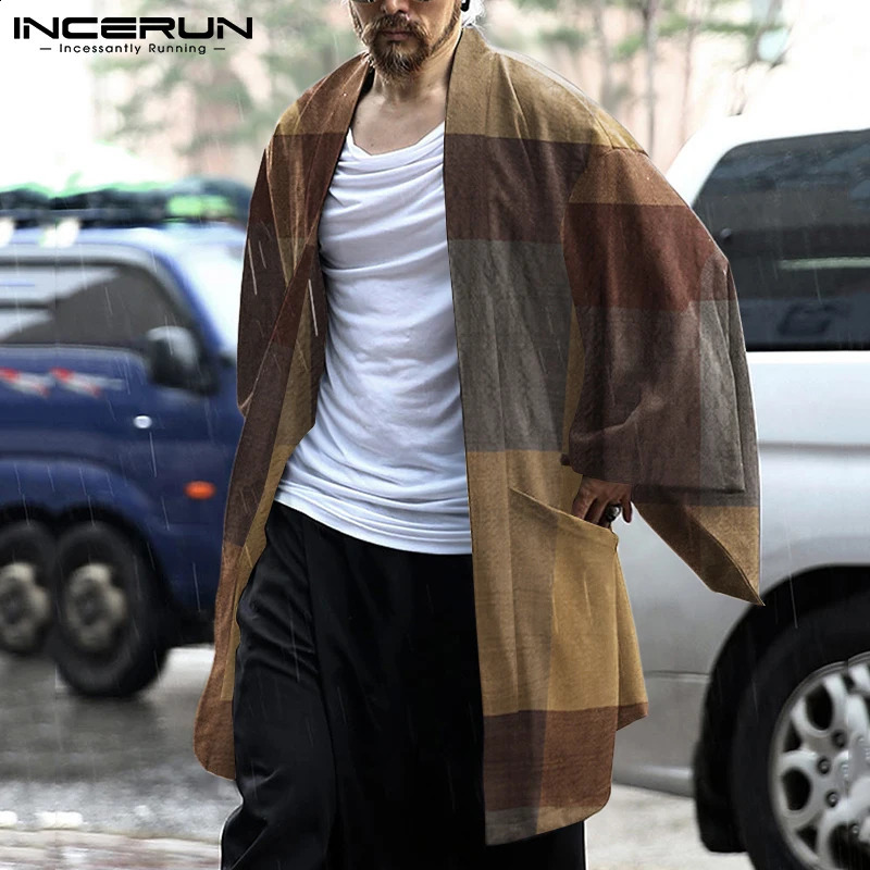 Fashion Men Trench Cotton Open Stitch Coats Solid Long Sleeve Casual Japanese Kimono Streetwear Cardigan Outerwear INCERUN 240822