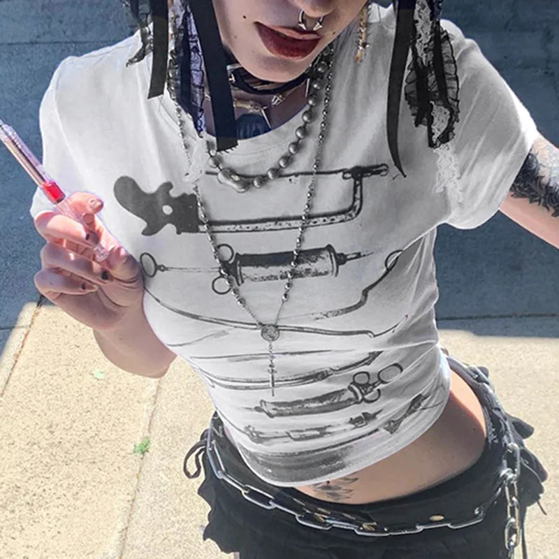 Goth dark Acubi Fashion Print Short Sleeve T-Shirt Casual O-neck Crop Tops For Women Anime E- Streetwear Slim Tees Gothic 240822