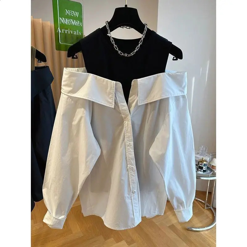 Off the Shoulder Blouse Slim and Loose Tank Top Spliced Long Sleeve Shirts Autumn Round Neck Fashion Shirt 240821