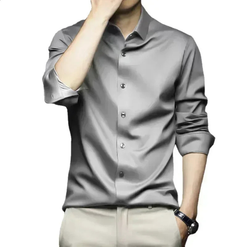 Mens gray shirt long sleeved non ironing business dress work dress slim fitting casual top extra large S-6XL 240822