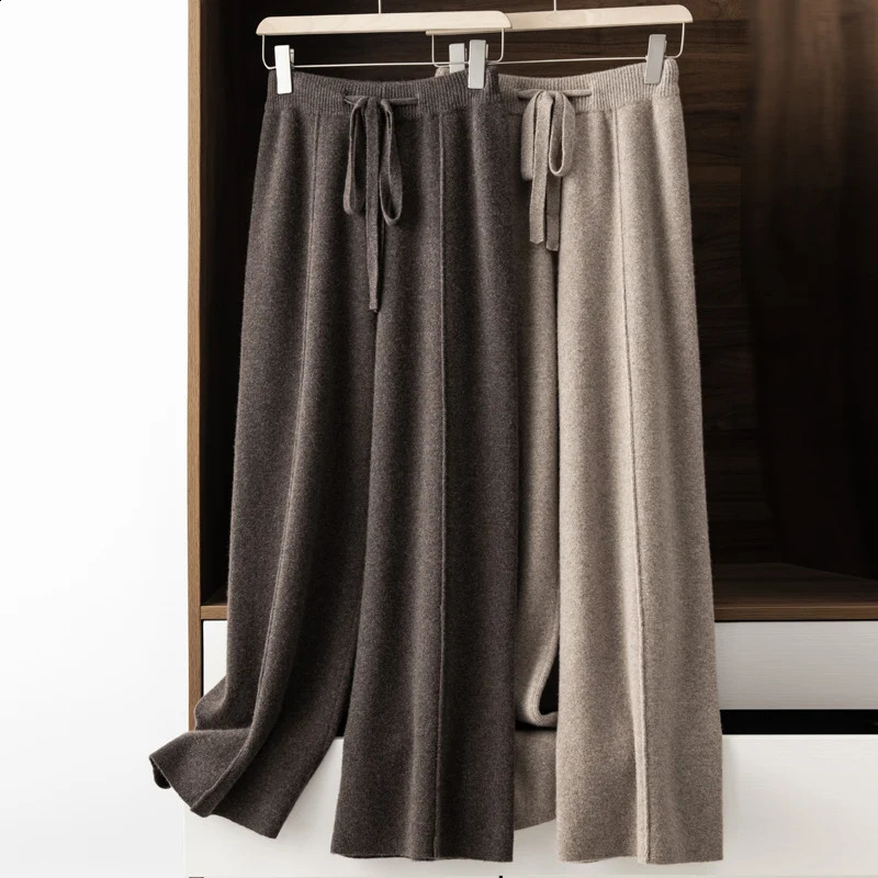 Autumn/Winter 100% Pure Cashmere Wide Leg Pants Womens High Waist Straight Floor Loose Casual Wool Knit Pant Z260314