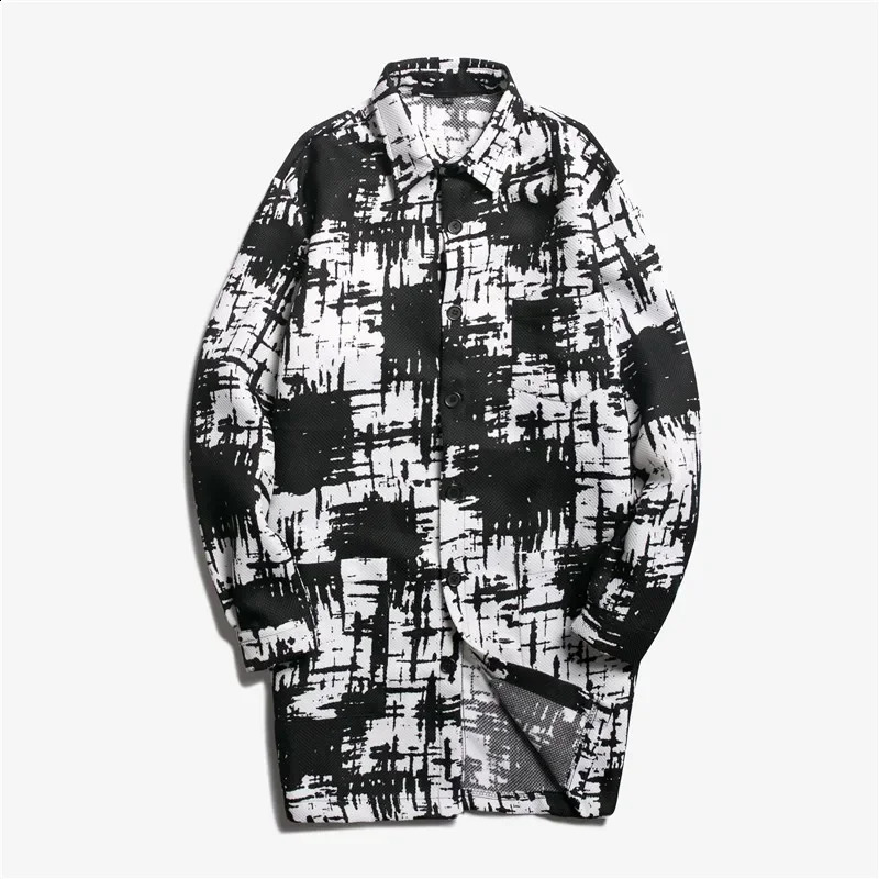 Mens Cotton Linen Color Blocking Long Coat Trendy Button Jackets Turn-down Collar Plaid Jacket Black and White Thin Trench 240822