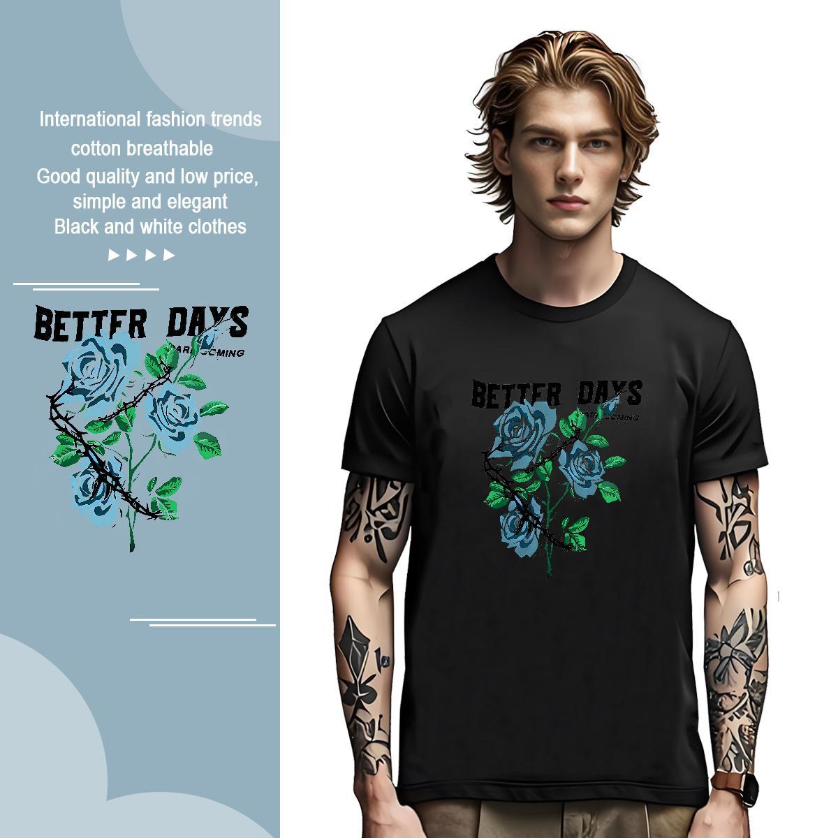 Free Shipping Men T Shirts flower Breathable Daily Wear Anime Print 230g Pure Cotton Men Clothes T-Shirt New Designer Tops Shirt