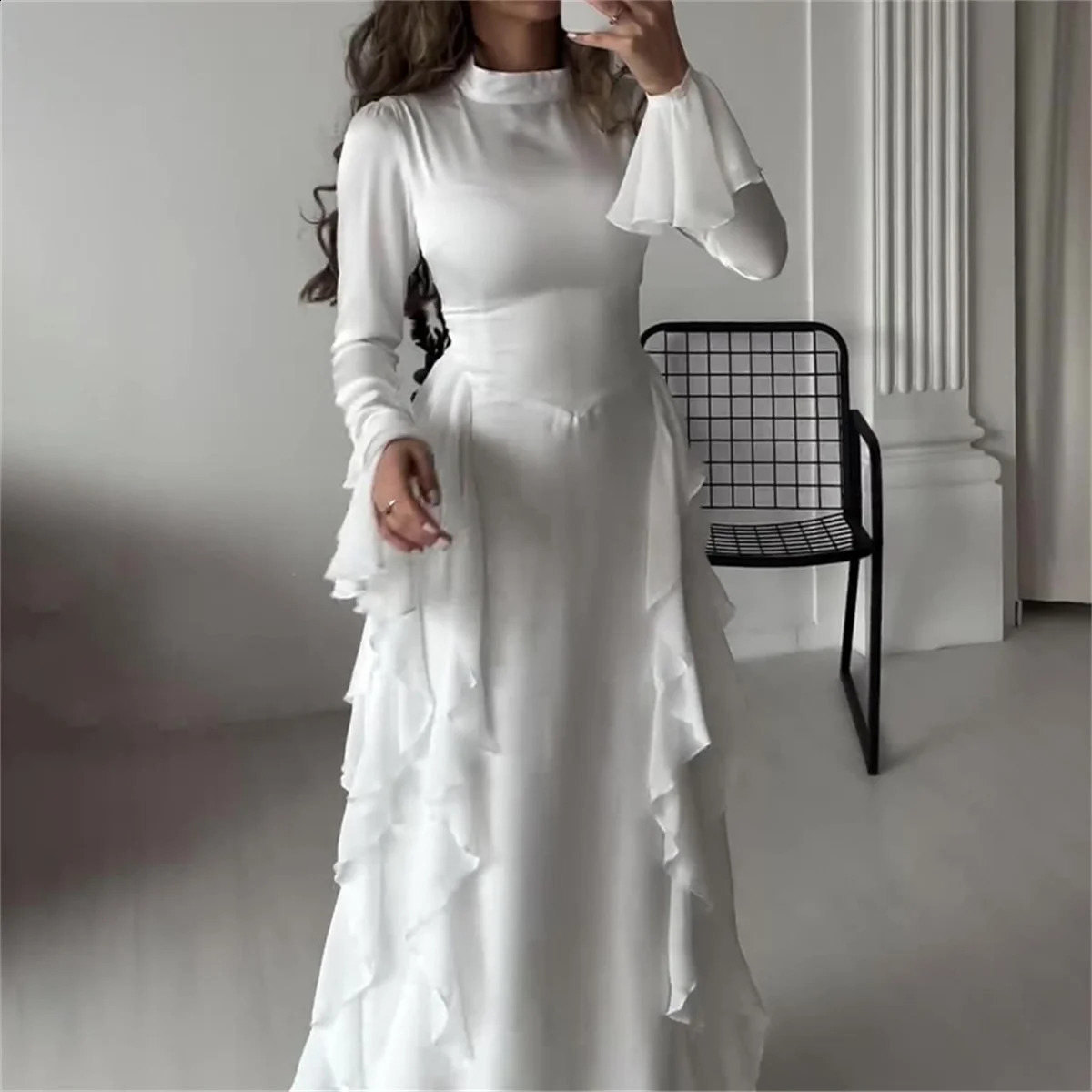 Womens O Neck Long Dresses Fashion Stringy Selvedge Flared Long Sleeve Dress White High Waist Dinner Gown Autumn Party Vestidos 240813