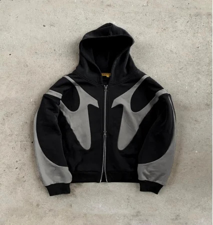 Y2K Simple Hip Hop Solid Color Splicing Zipper Hooded Jacket Mens Harajuku American Retro Sport Loose Large Long Sleeve 240821