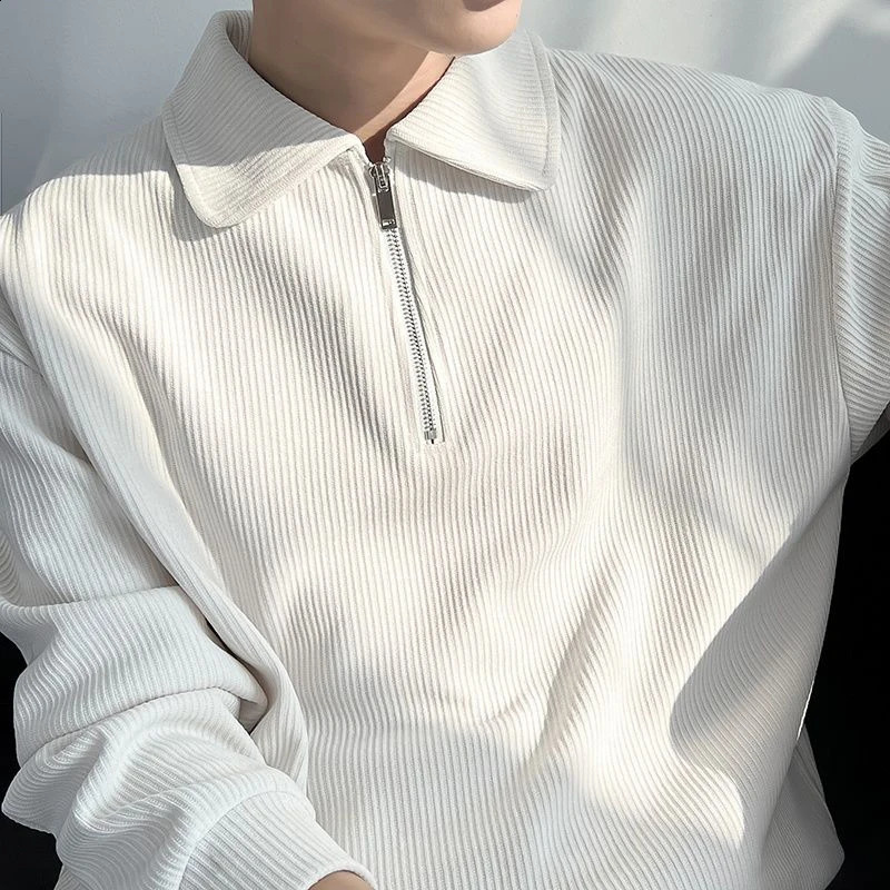 Fall Corduroy Long Sleeve Men Polo T Shirts Casual Harajuku Fashion Oversized Pullovers White Black Grey Hip Hop Punk Streetwear 240822