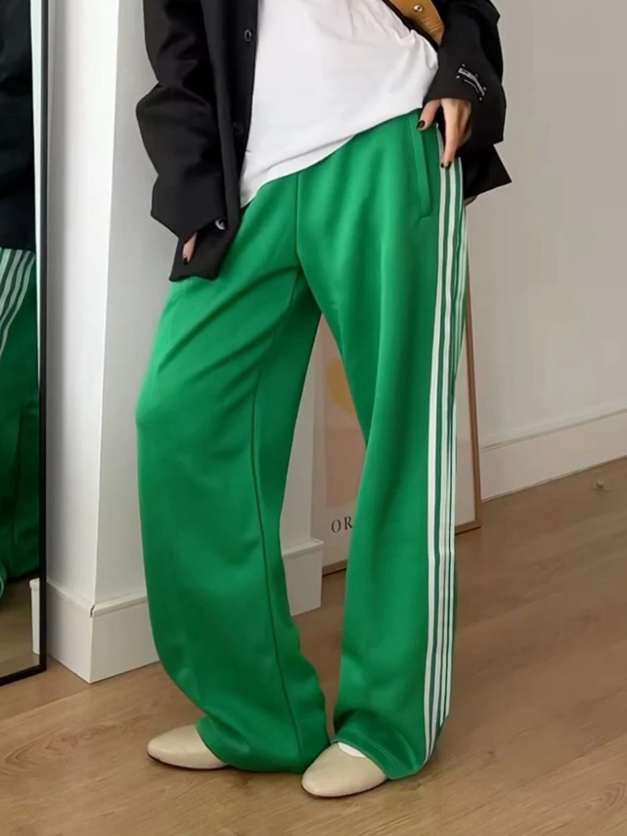 Y2k Pants Women Striped Track Pants Elastic Waist Straight Leg Sweatpants Joggers Wide Leg Side Stripes Pants with Pockets 240821