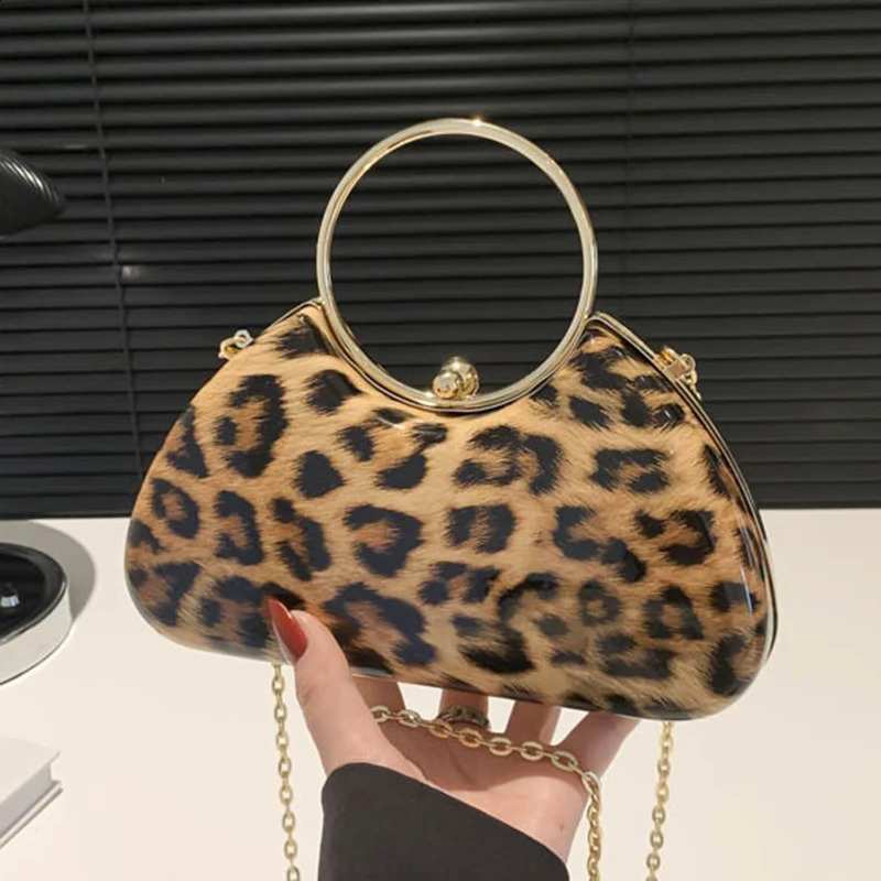 Female Party Purse Metal Ring Handlebag Fashin Day Clutches Khaki Leopard Women Handbag Crossbody Shoulder Bag 240822