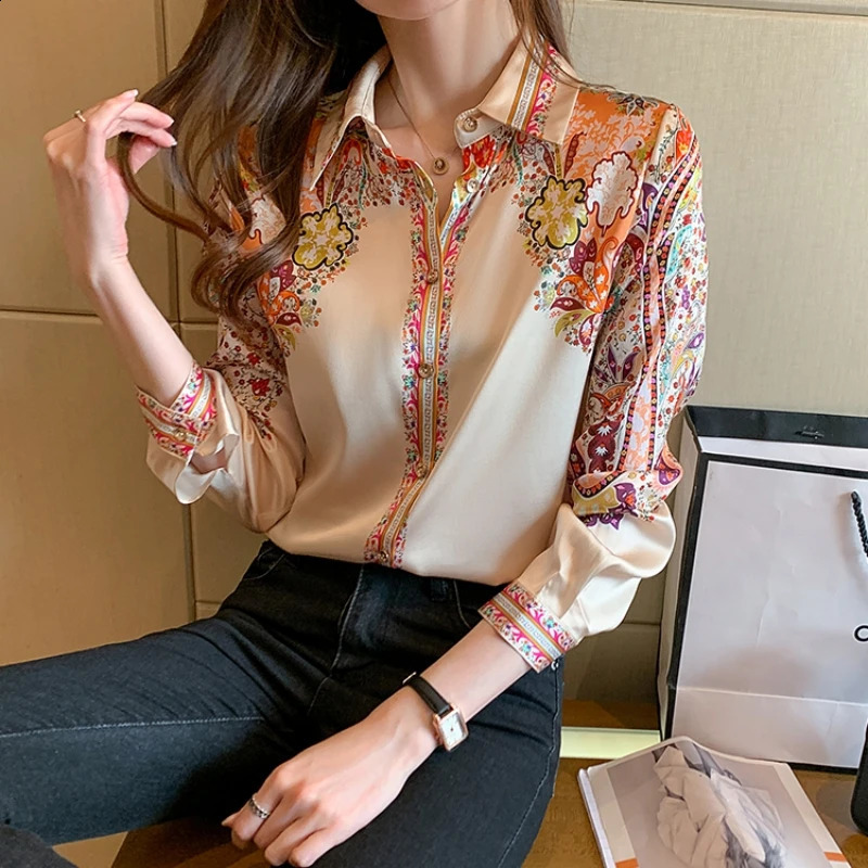 2023 Autumn Fashion Floral Print Blouse Women Satin Shirts Office Lady Elegant Tops Long Sleeve Silk Clothes 18440 240821