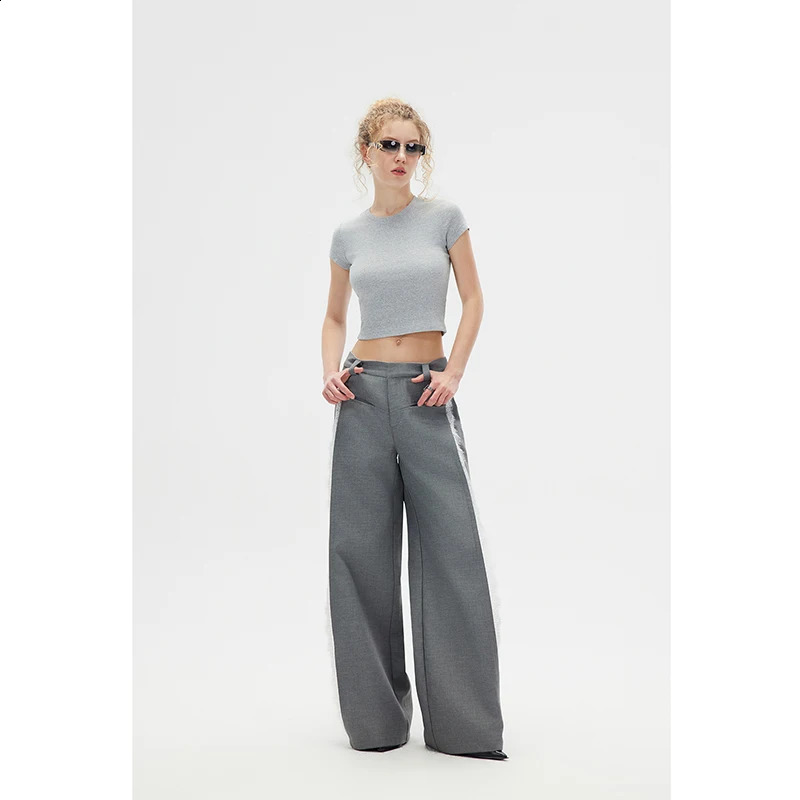 Womens Grey Lace Patchwork Pants Y2k Vintage Harajuku Casual Fashion Pants 90s Aesthetic High Waist Trousers 2000s Clothes 240821