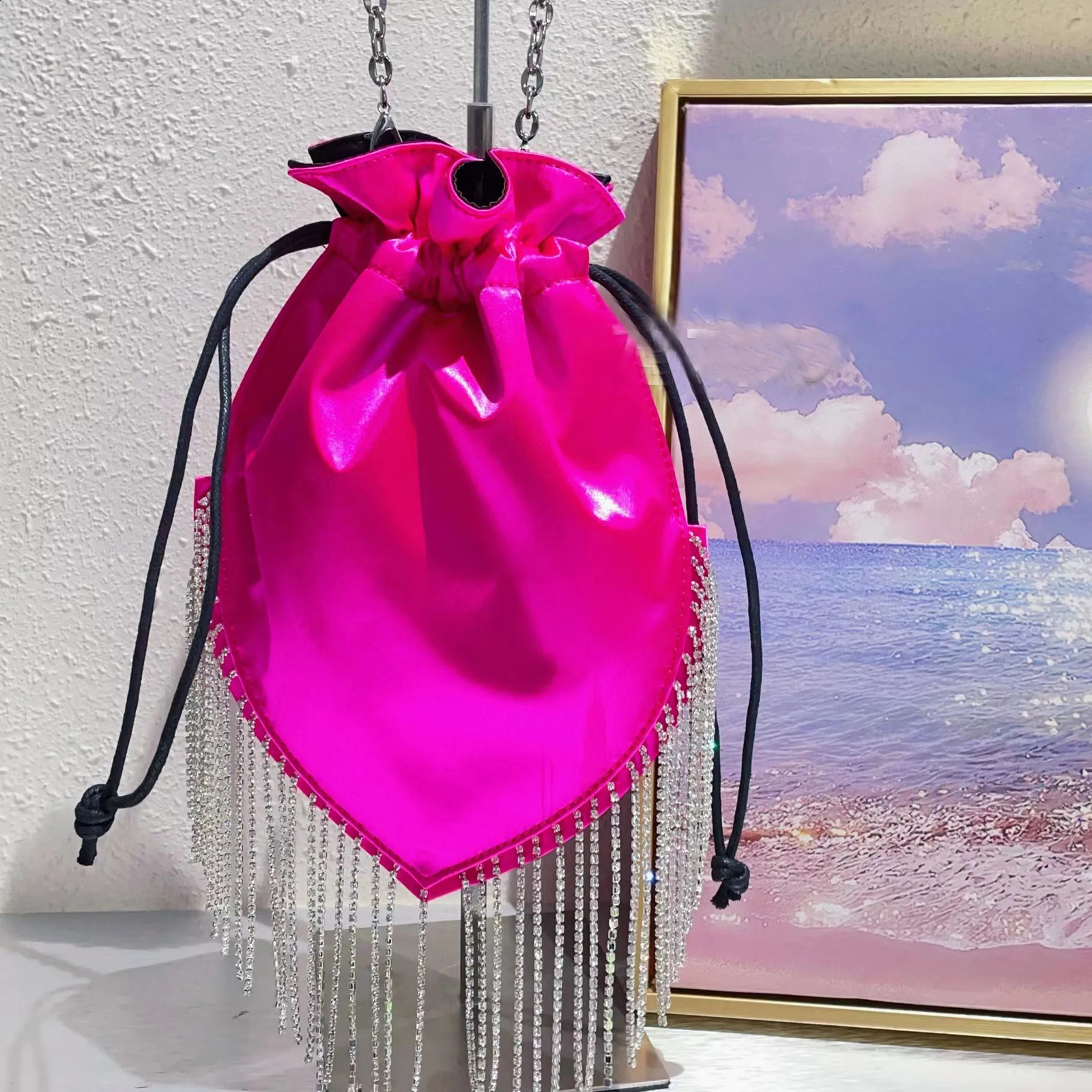 Fashionable shiny dress wallet edge tassel diamond satin ball evening bag womens Crsosbody handbag clutch bead 240821