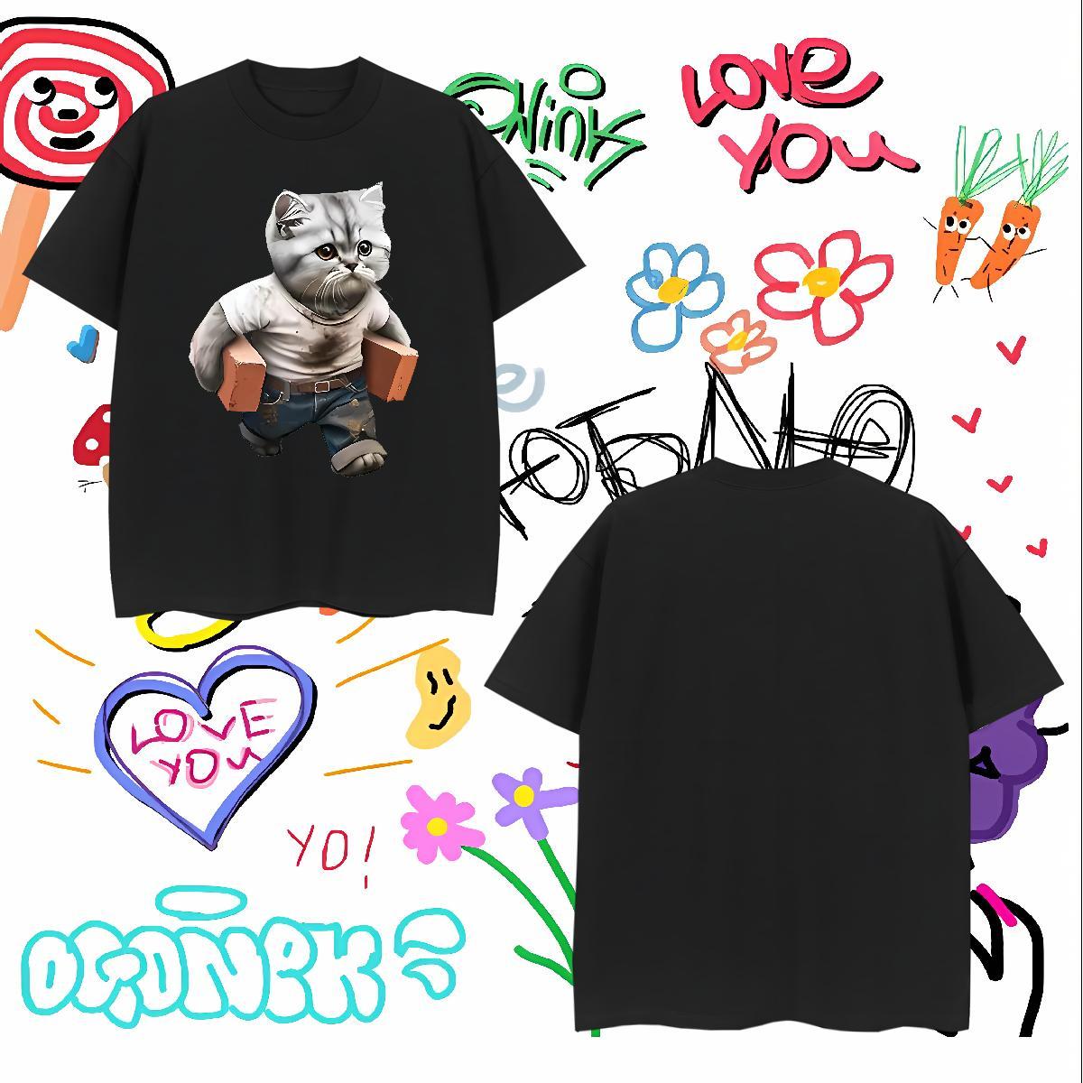 Unisex T-Shirts cat Breathable Casual Customized Print 100% Cotton 230g Couples T Shirts Classic Casual Wear