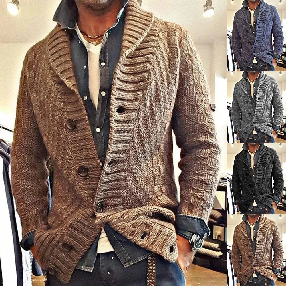 AutumnWinter Mens Solid Color Sweater Retro Collar Knitted Long Sleeve Open Fleece S3XL 240821