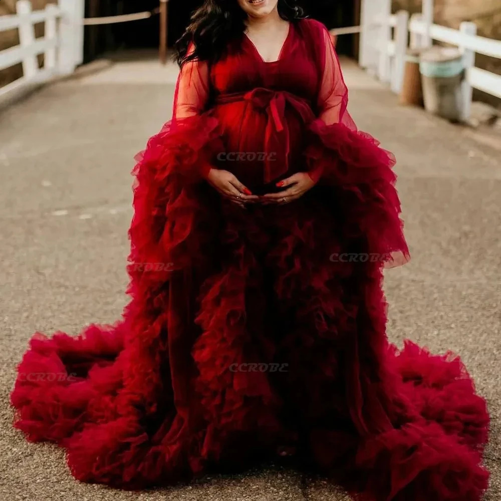 Womens Dressing Gown Perspective Sheer Long Tulle Robe Puffy Pregnancy Maternity Dress for Baby Shower Nightgown Sleepwear 240822