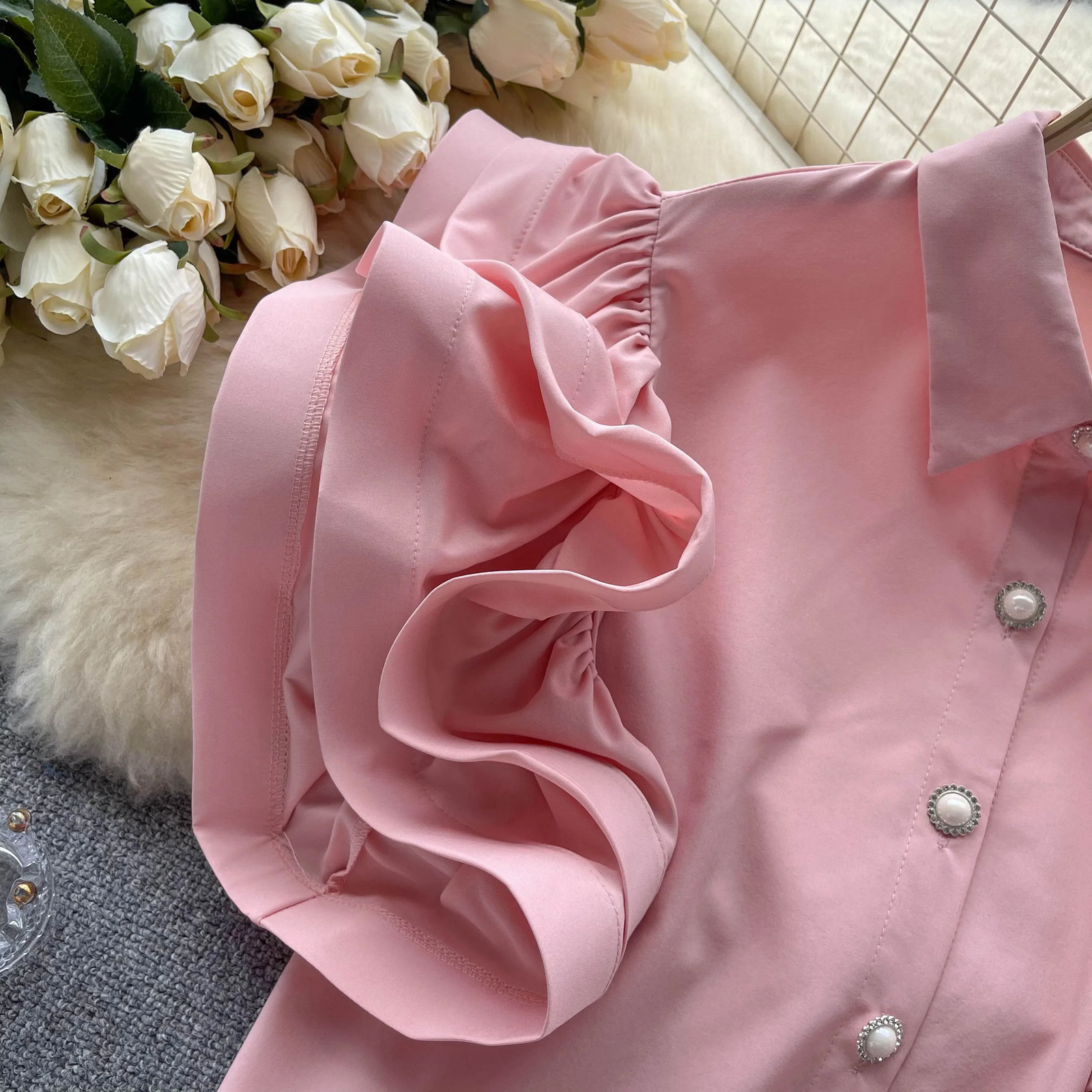 Elegant Blouse Top Women Turn-down Collar Short Sleeve Blouses Woman Solid French Chic Camisas Retro Ruffles Drop