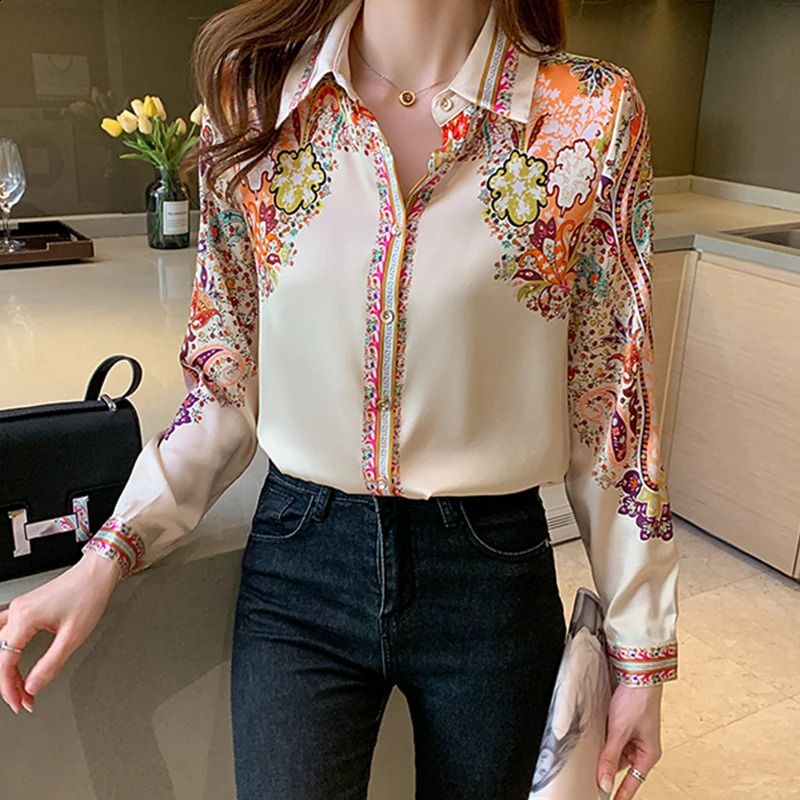 2023 Autumn Fashion Floral Print Blouse Women Satin Shirts Office Lady Elegant Tops Long Sleeve Silk Clothes 18440 240821