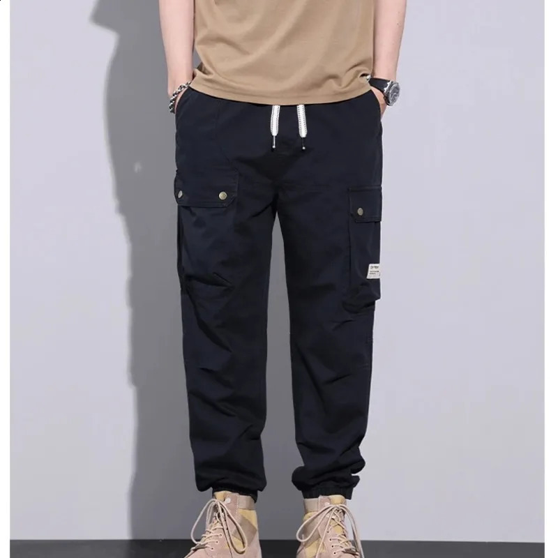 Mens preparatory style pocket casual solid workwear sporty Haaland lantern tie Trouser elastic high waisted spring and autumn pants 240821