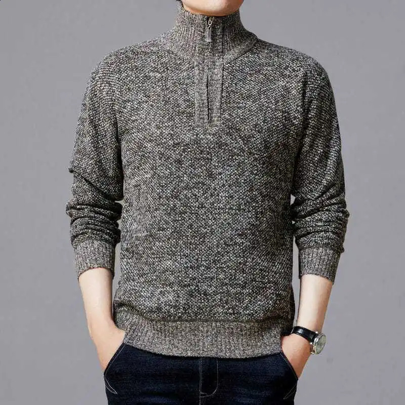 Simple mens autumn thick solid color sweater warm and casual stand up collar knitted floral fashion clothing 240821
