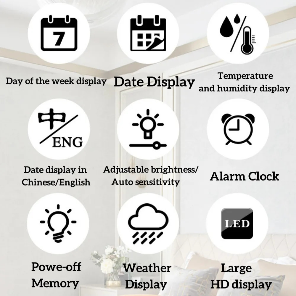 976inch remote control digital wall clock temperature humidity date automatic dimming weather meter 1224hour LED alarm w240821