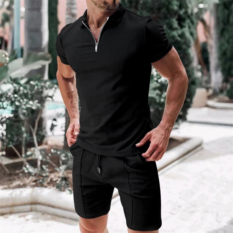 Mens Athletic T-Shirt Set Casual Lapel Short Sleeve Pullover Zip Up T-shirt Shorts 2-Piece Sets Mens Solid Sporty Suits 240821