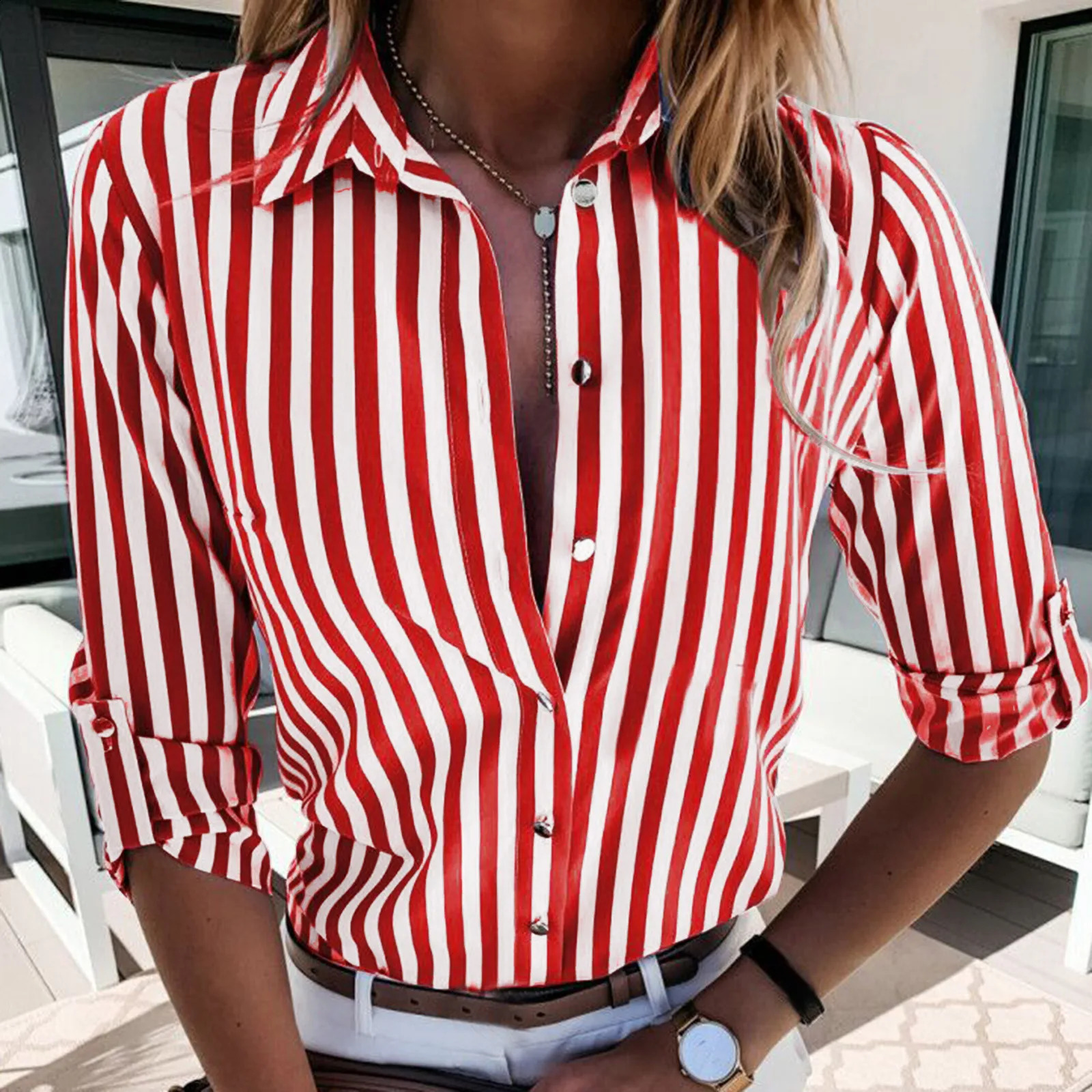 Y2k style womens striped printed shirt retro button down long sleeved lapel top blue Para Mujer 240822