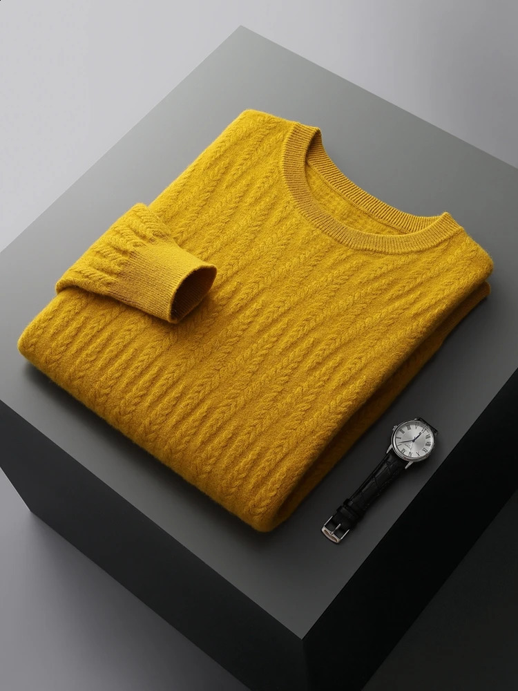 ADDONEE Autumn Winter Men Cashmere Sweater Cable Knit O-neck Thick Pullover 100% Merino Wool Knitwear Soft Warm Clothing Tops 240821