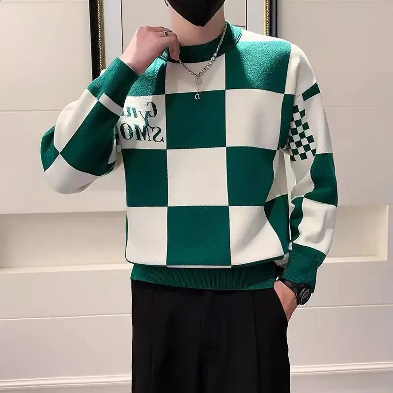 Mens Fashion Round Neck Patchwork Sweater Autumn Winter Contrast Color Printed Letter Long Sleeve Loose Casual Knitted Tops 240821