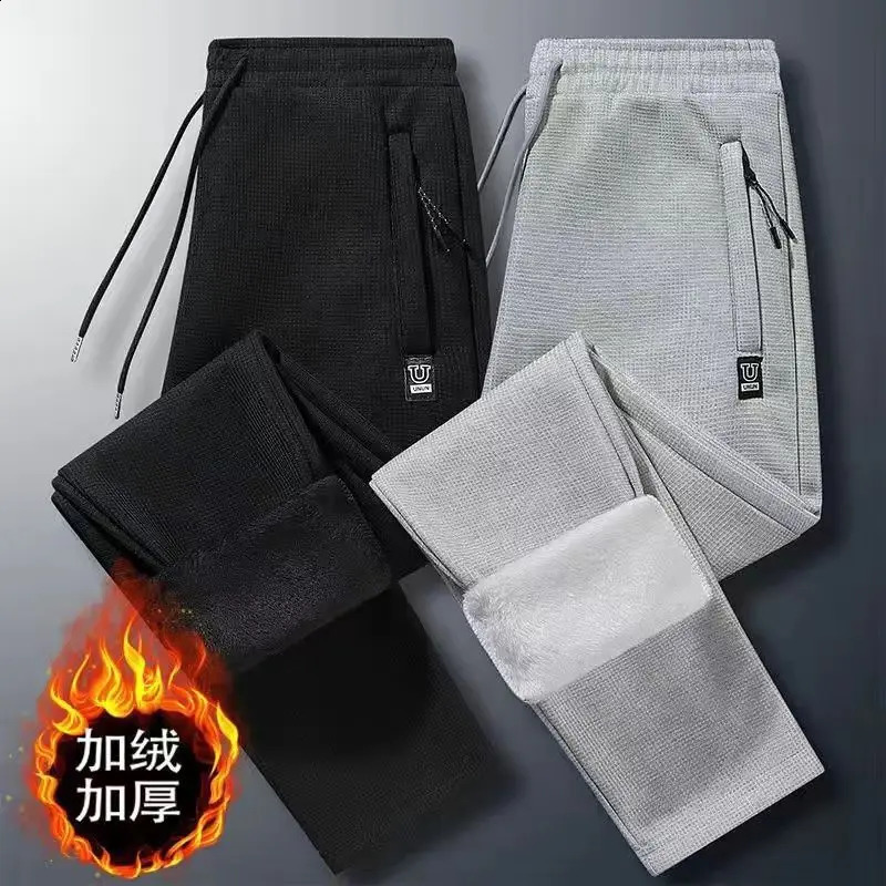 zipper Mens Guard Pants Plush Thickened Loose Waffle Leggings Sportswear Casual Winter Tidal Current Streetwear Arrivals 240822