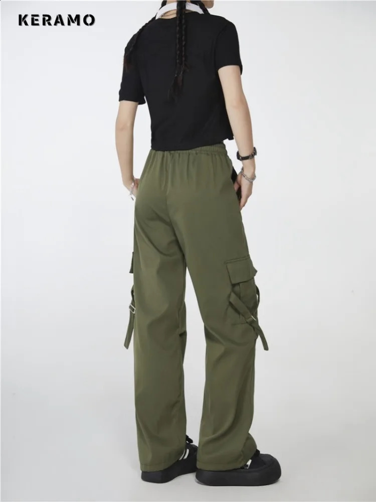 Womens High Street Casual Overalls Solid Green Loose Wide Leg Pants American Retro Elastic Waist Y2k Drawstring Cargo Pants 240821