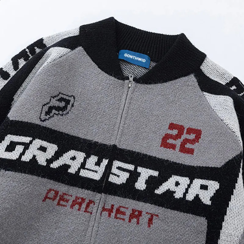 Vintage sweater jacket Y2K knit patch work racing motorcycle baseball full zipper hiphop Harajuku graphic streetwear 240821